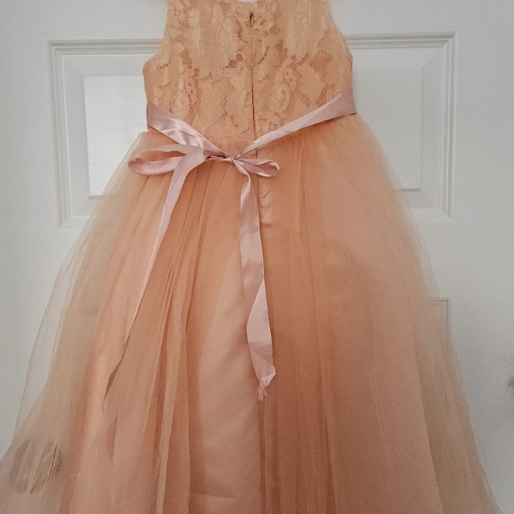 Charming Peach Lace And Tulle Kids Dress - Picture 2 of 3